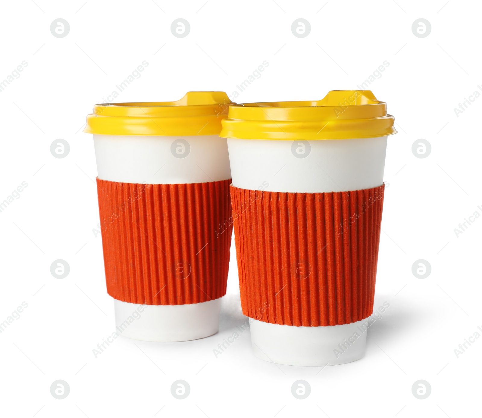 Photo of Takeaway paper coffee cups isolated on white
