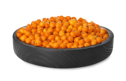 Photo of Bowl with fresh ripe sea buckthorn berries on white background