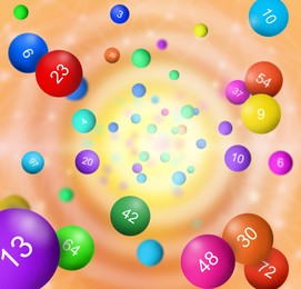 Many lottery balls falling on color background