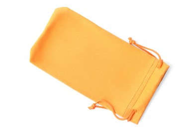 Orange cloth sunglasses bag isolated on white, top view