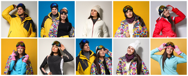 Collage of people wearing winter sports clothes on color backgrounds
