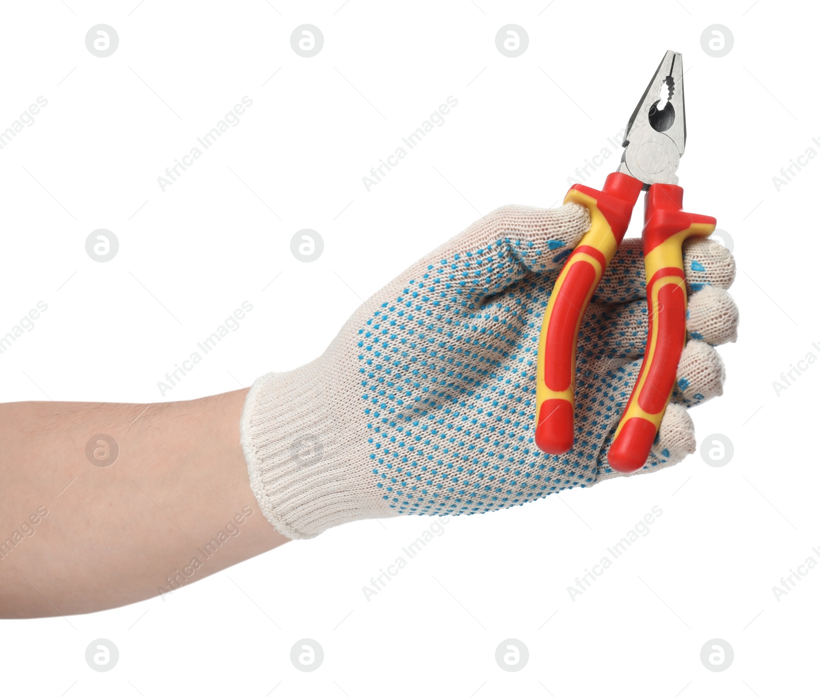 Photo of Man with combination pliers on white background, closeup