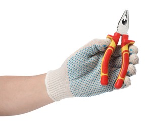 Photo of Man with combination pliers on white background, closeup