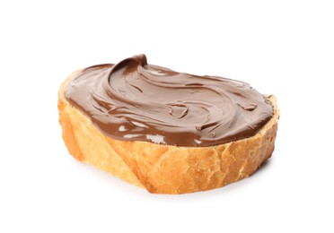 Bread with tasty chocolate spread on white background