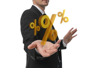 Image of Discount offer. Man holding illustrations of percent signs isolated on white, closeup