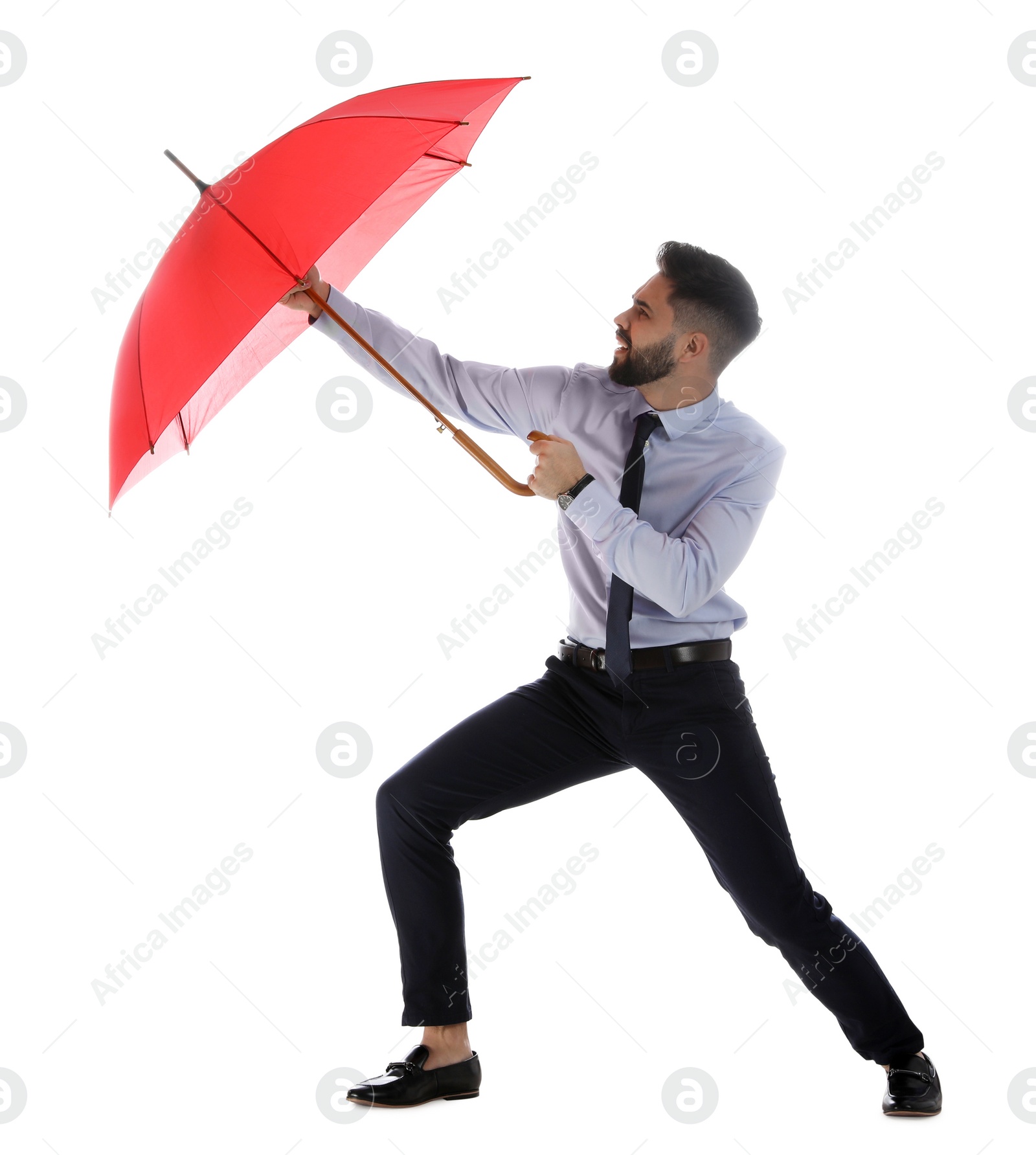 Photo of Businessman with red umbrella on white background