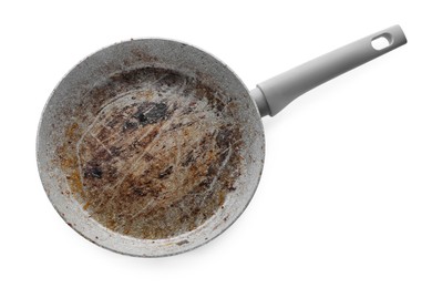 Dirty granite coating frying pan isolated on white, top view