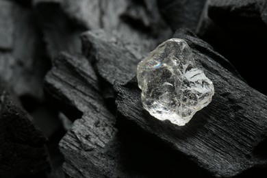 Beautiful shiny diamond on coal, closeup. Space for text