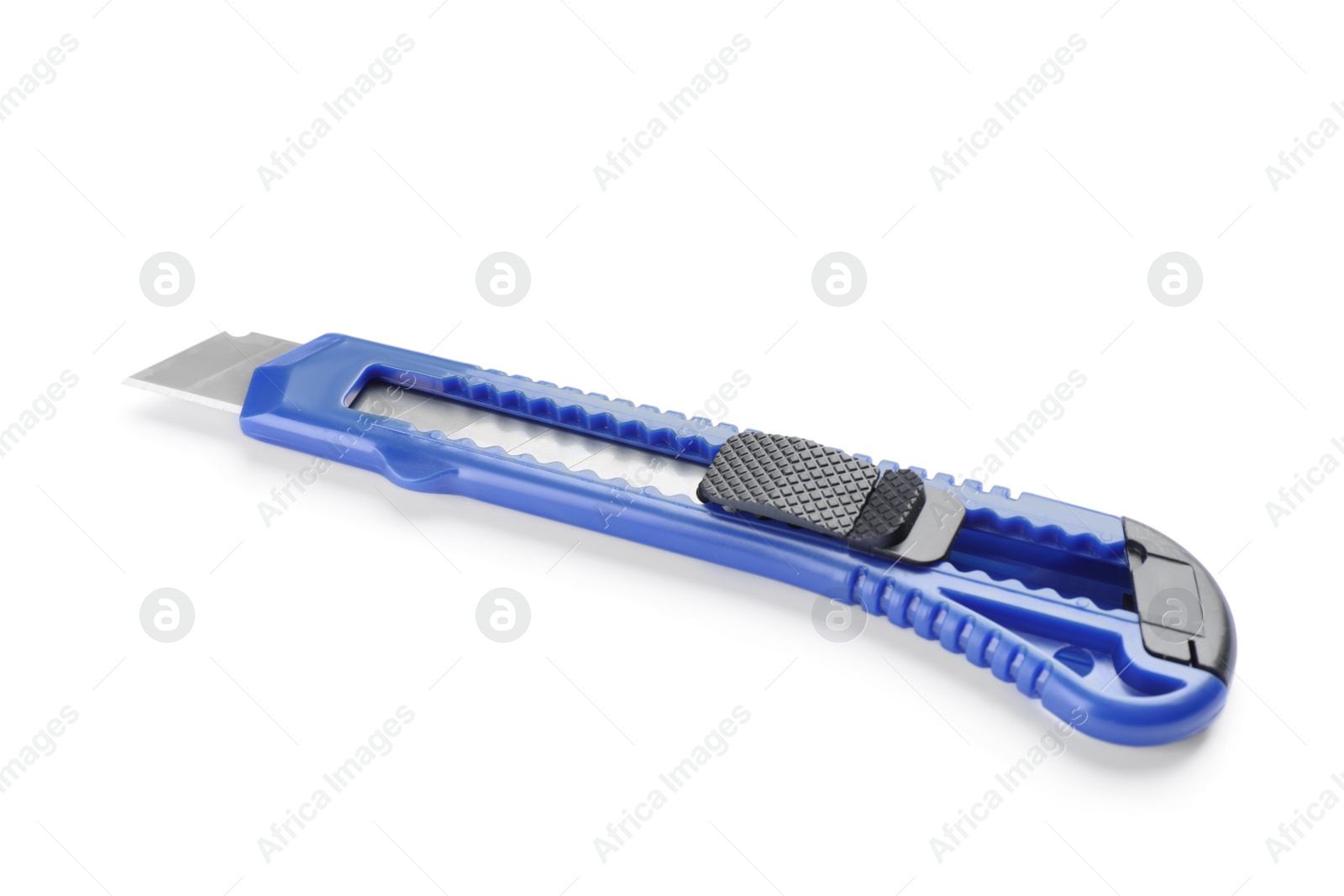 Photo of Blue utility knife isolated on white. Construction tool