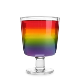 Photo of Tasty layered jelly dessert in glass on white background