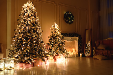 Festive room interior with beautiful Christmas trees