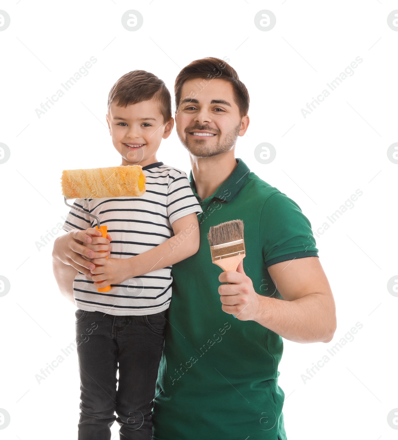 Photo of Dad and his son with painting tools isolated on white