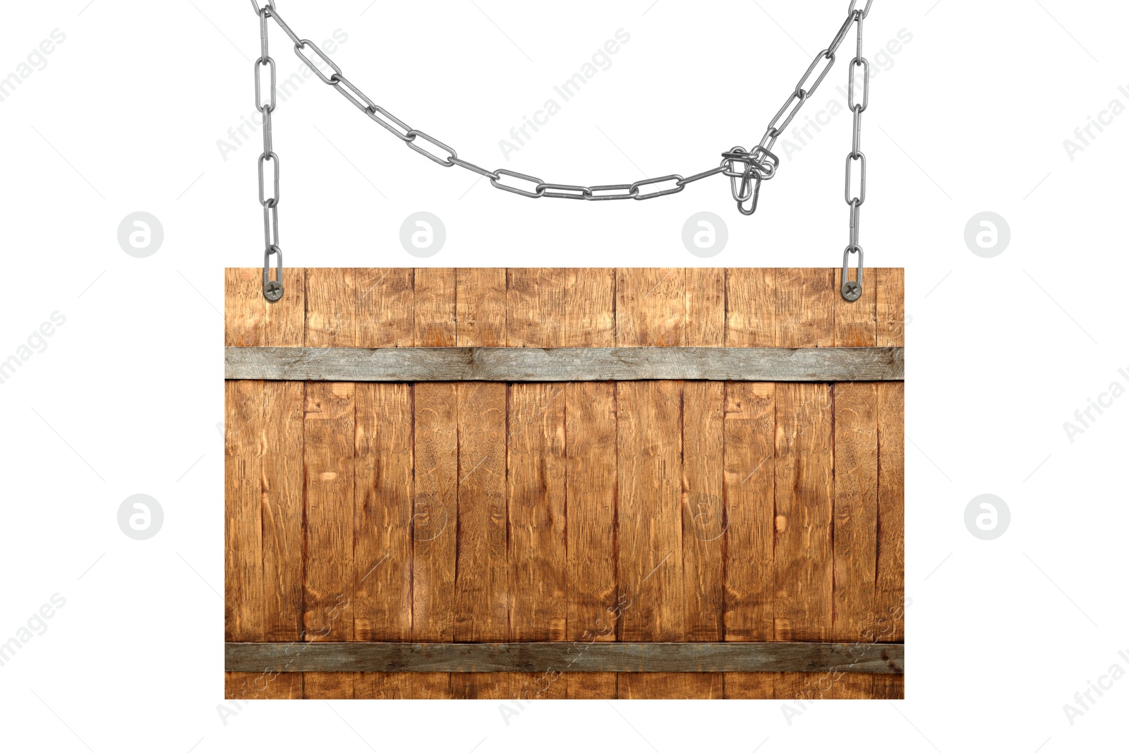 Image of One wooden signboard hanging on metal chain against white background. Space for text