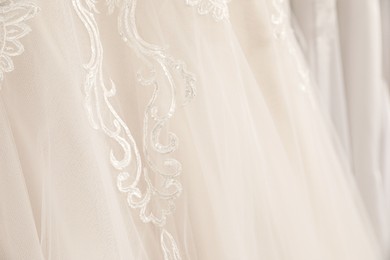 Beautiful wedding dress with lace, closeup view