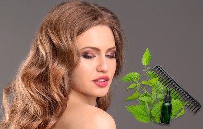 Image of Natural hair care. Beautiful young woman, stinging nettle extract, green leaves and comb on grey background