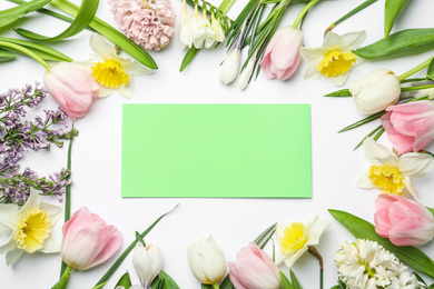 Fresh spring flowers and blank card on white background, top view. Space for text