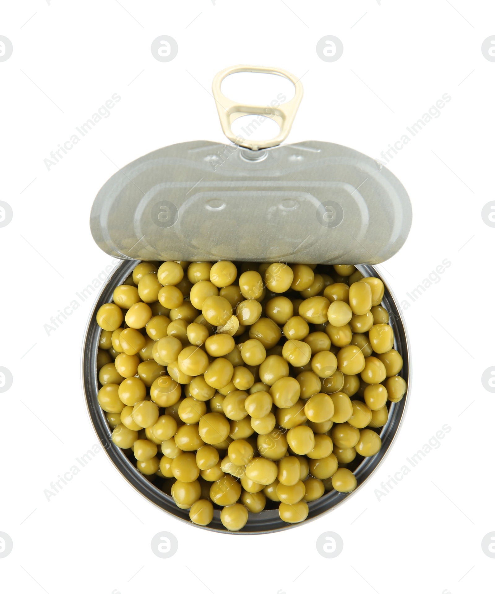 Photo of Open tin can of peas isolated on white, top view