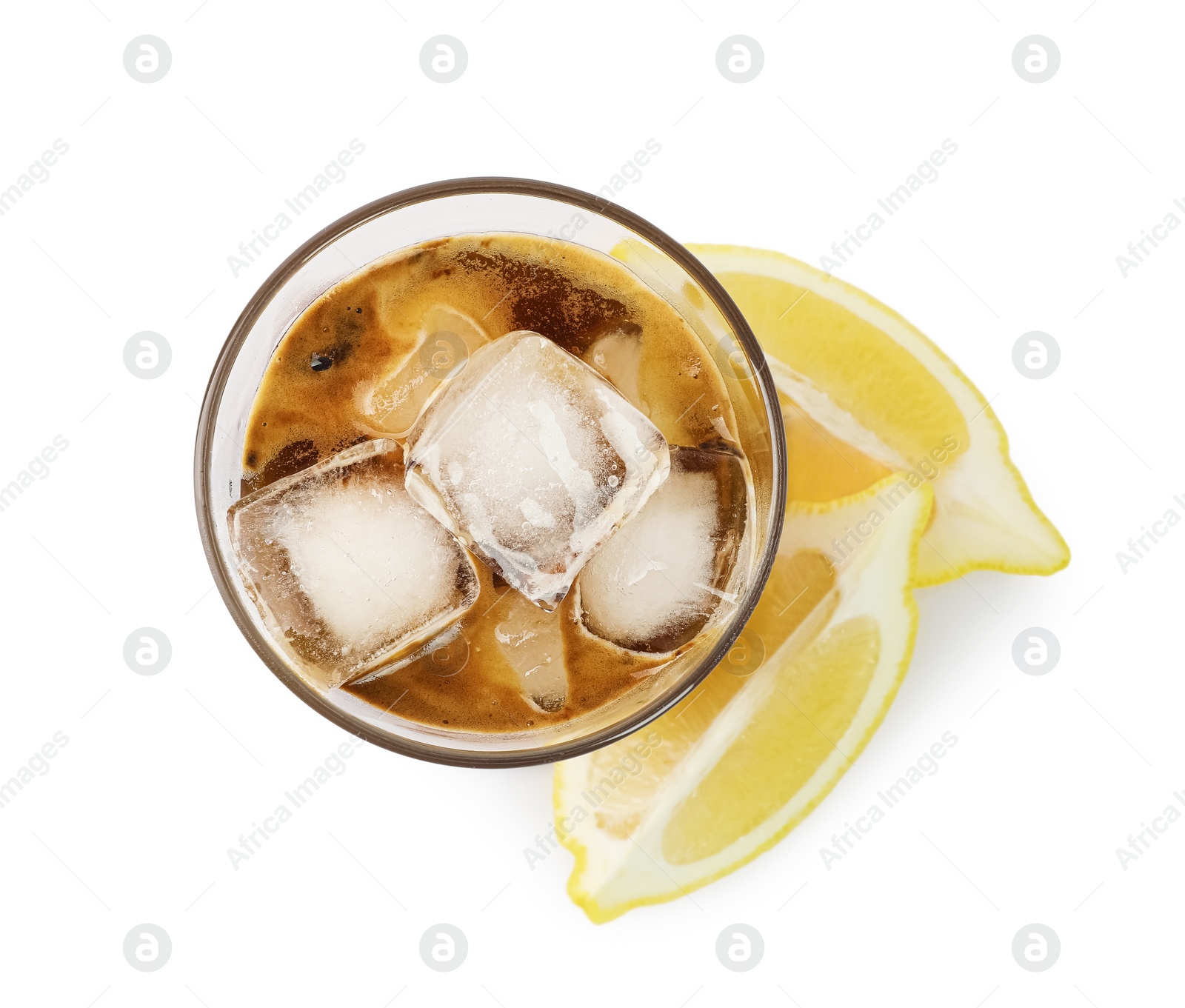 Photo of Iced coffee in glass and cut lemon isolated on white, top view