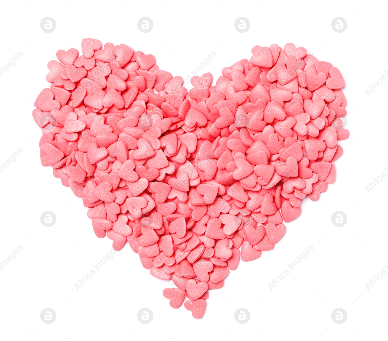 Photo of Heart made of sweet candies on white background, top view