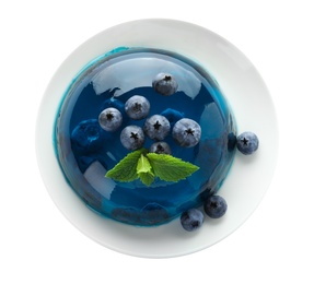 Delicious jelly with blueberries and mint on white background, top view