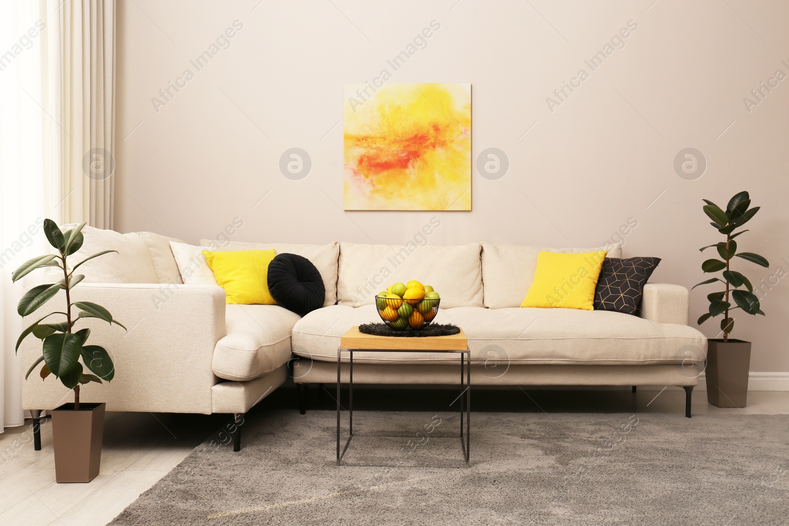 Photo of Stylish living room interior with modern comfortable sofa