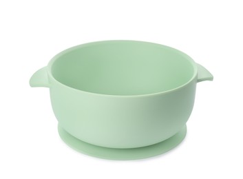 Photo of Plastic bowl on white background. Serving baby food