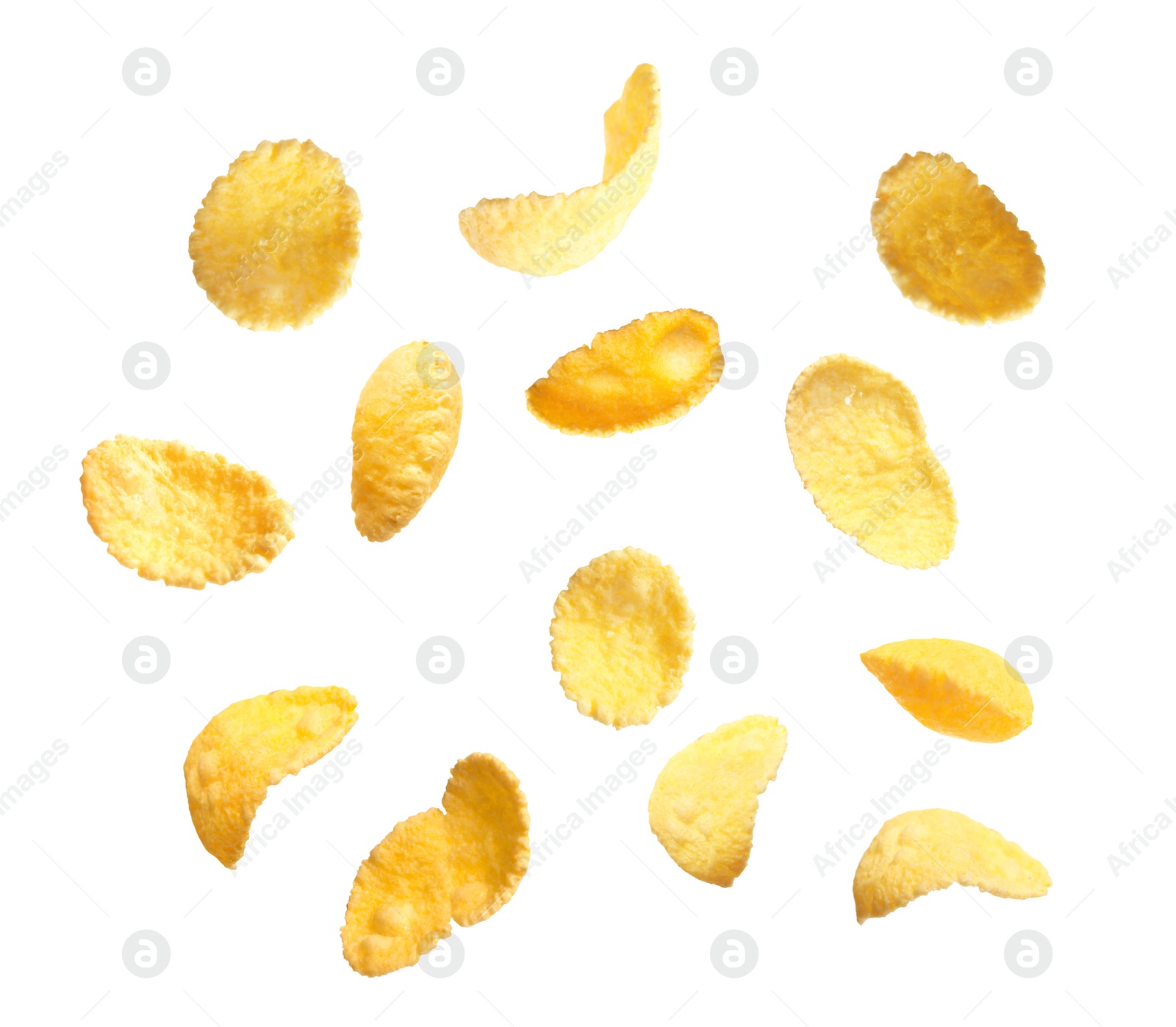 Image of Set of tasty crispy corn flakes on white background