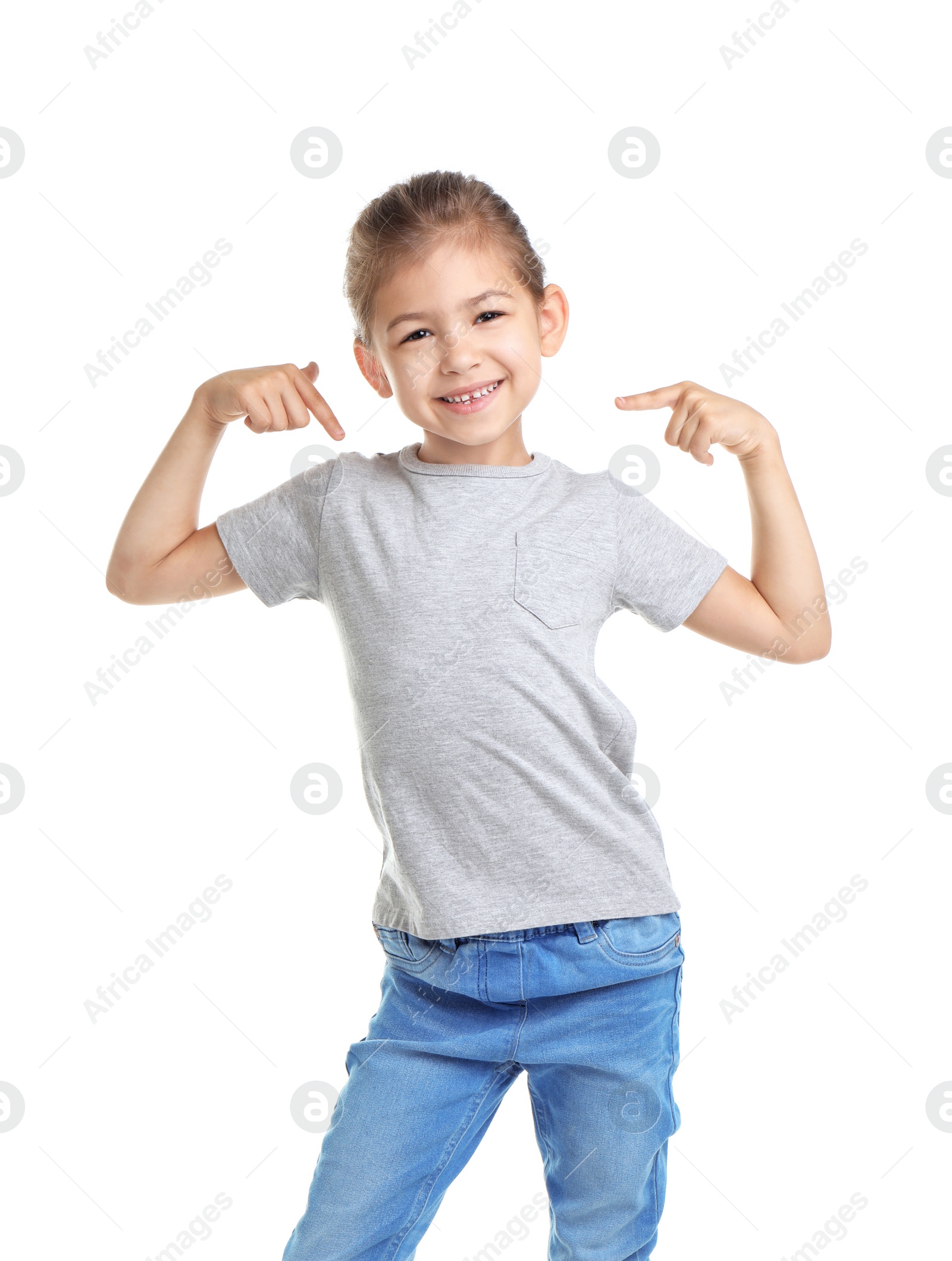 Photo of Little girl in t-shirt on white background. Mockup for design