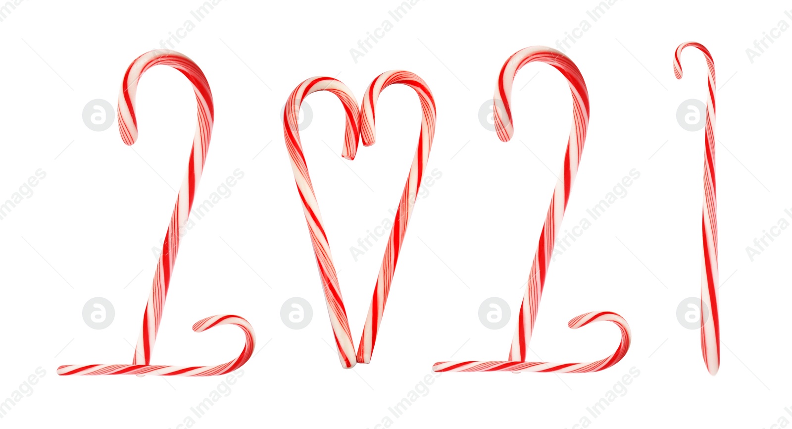 Image of 2021 of Christmas candy canes on white background