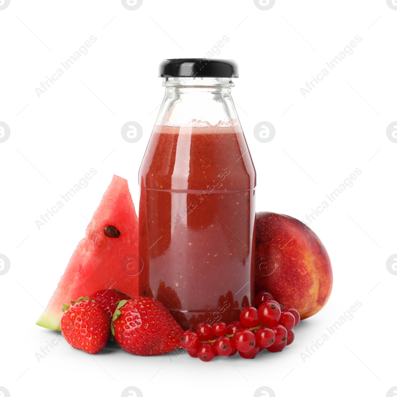 Photo of Bottle of delicious juice and fresh fruits on white background