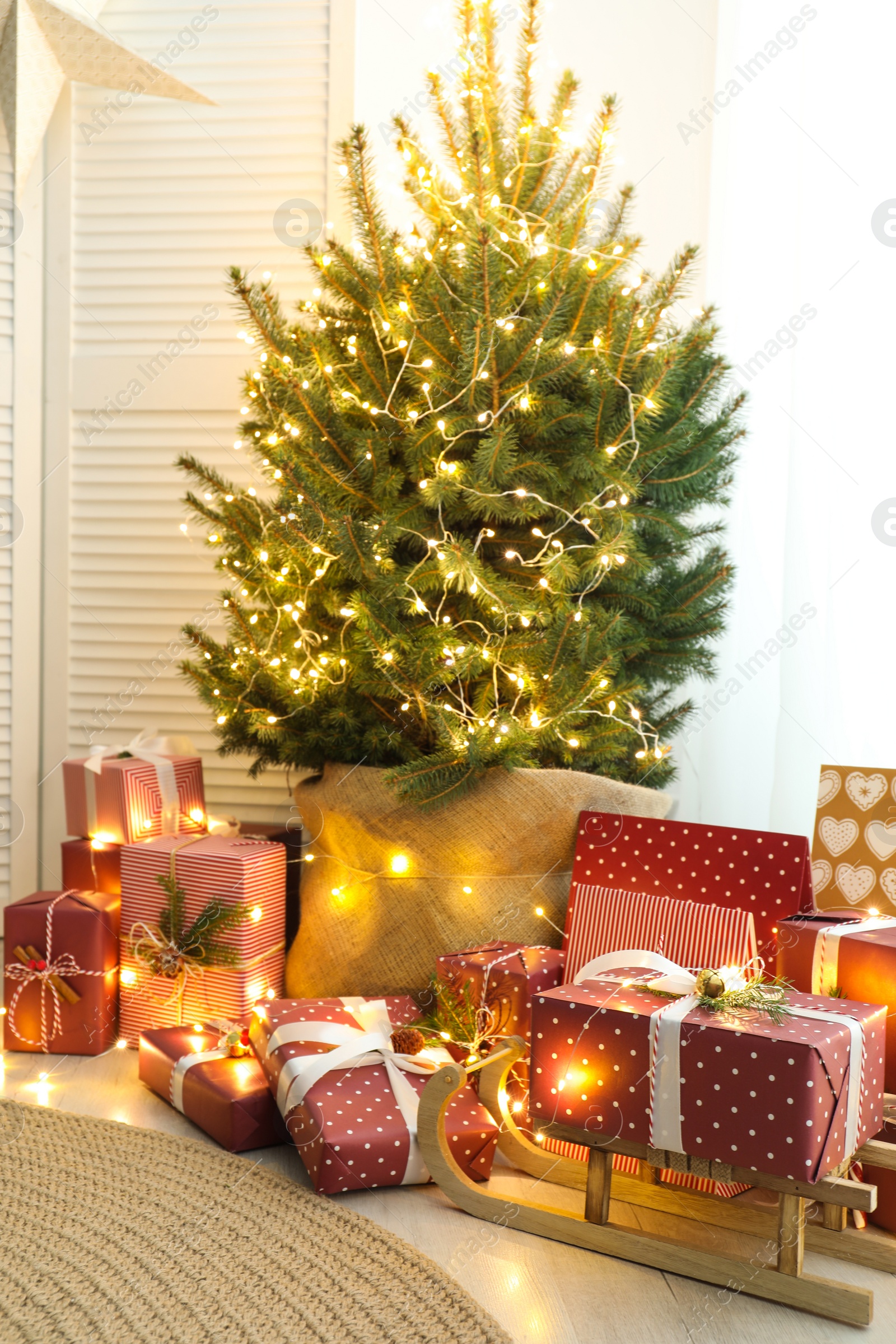 Photo of Many different gifts under Christmas tree indoors