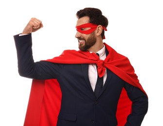 Photo of Happy businessman wearing red superhero cape and mask on white background