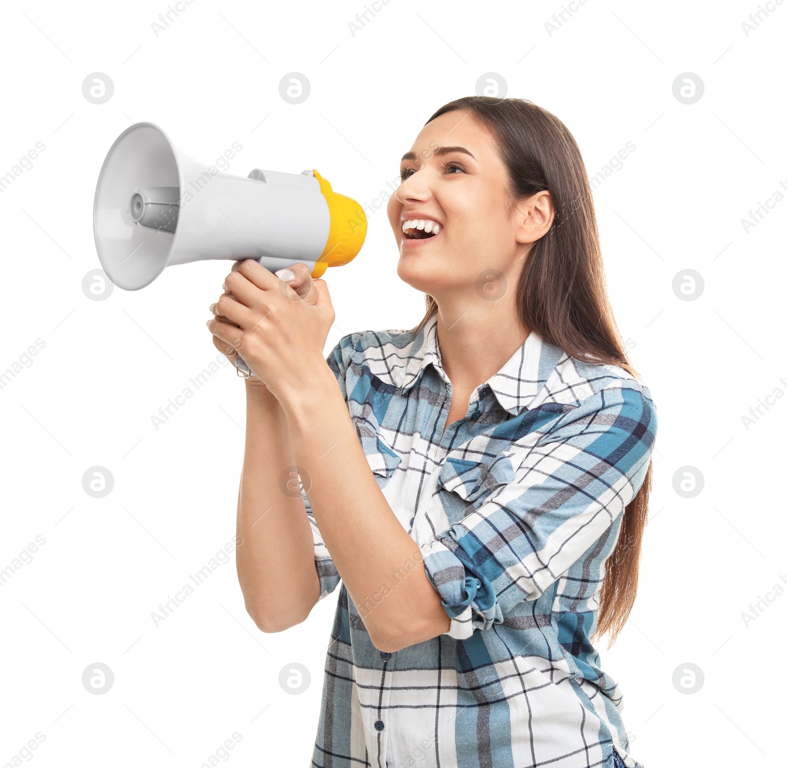 Photo of Young woman using megaphone on white background