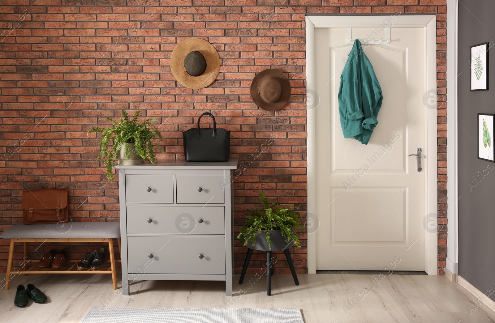 Photo of Modern hallway with stylish furniture. Interior design