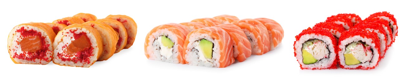 Image of Set of delicious different sushi rolls on white background