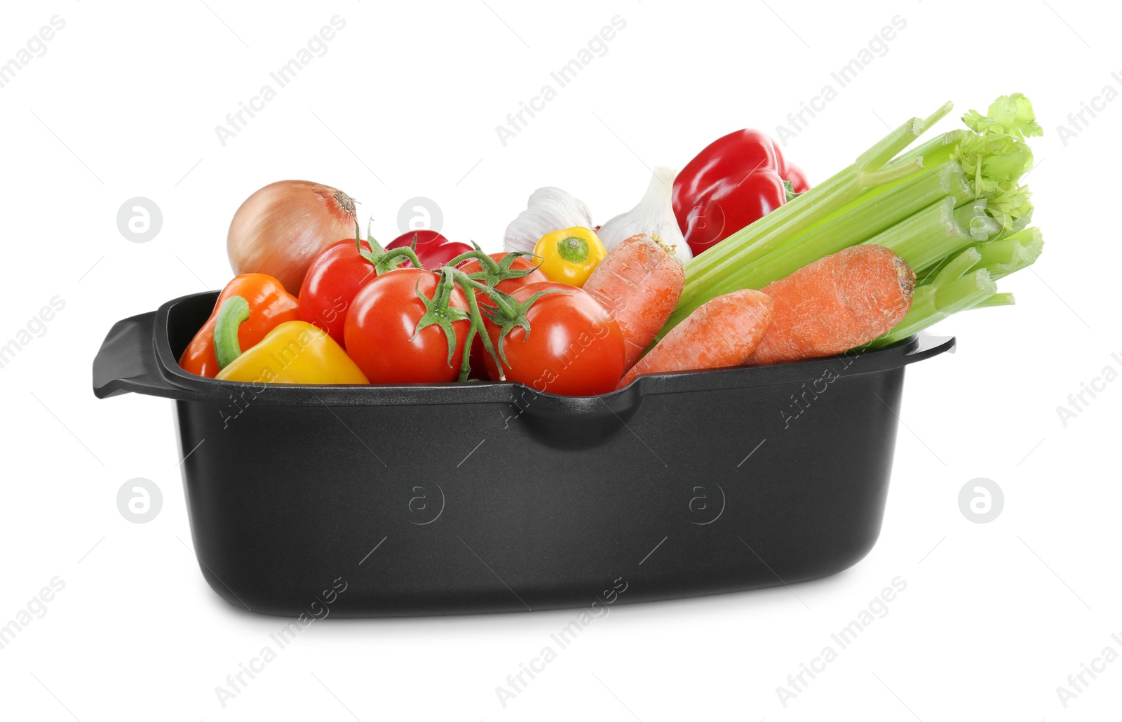 Photo of Fresh products in black pot isolated on white