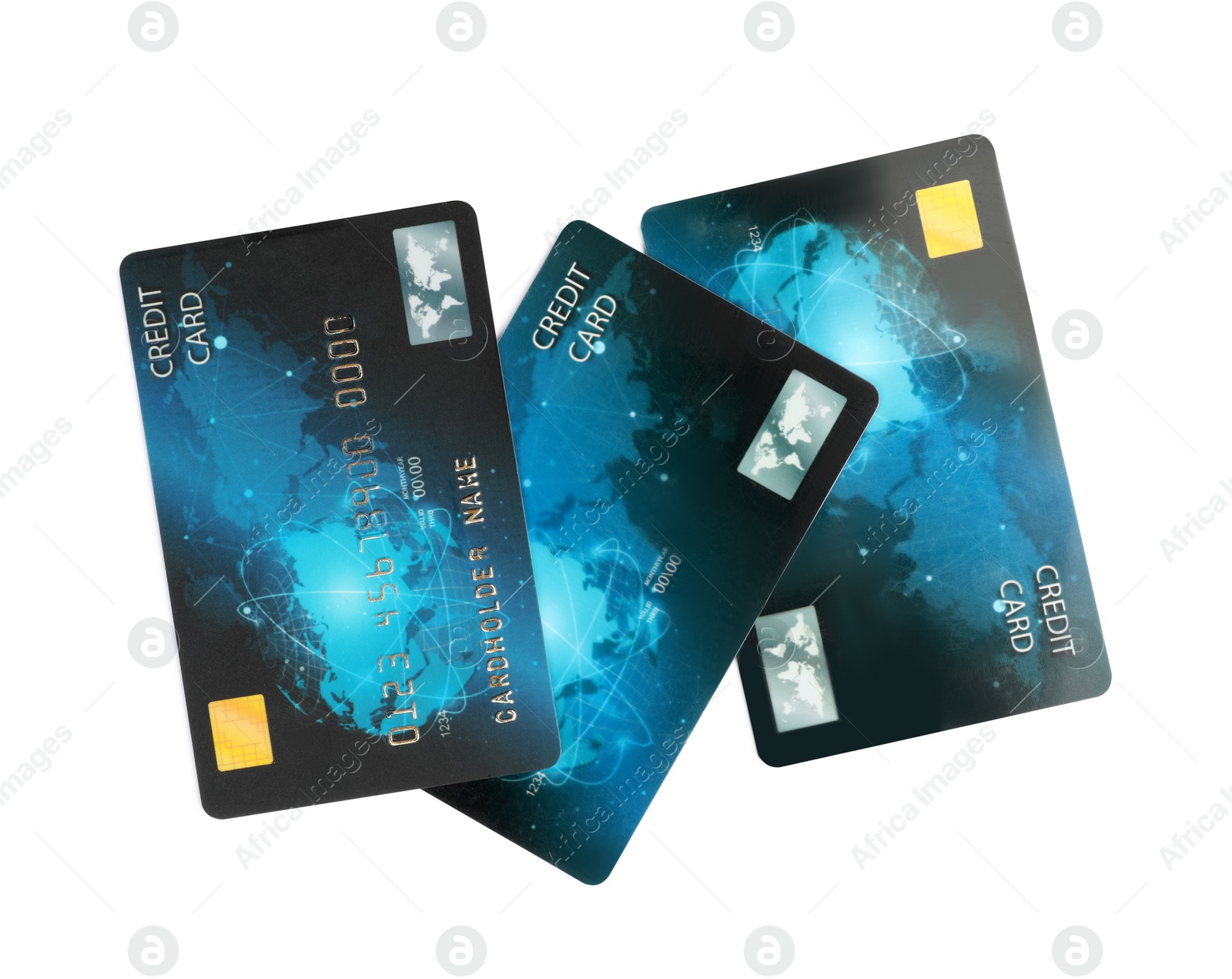 Photo of Blue plastic credit cards on white background