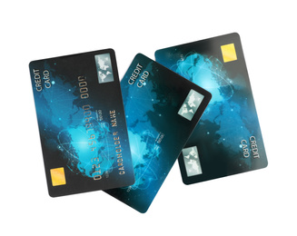 Blue plastic credit cards on white background