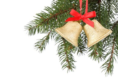 Photo of Christmas bells with red bow hanging on fir tree branch against white background