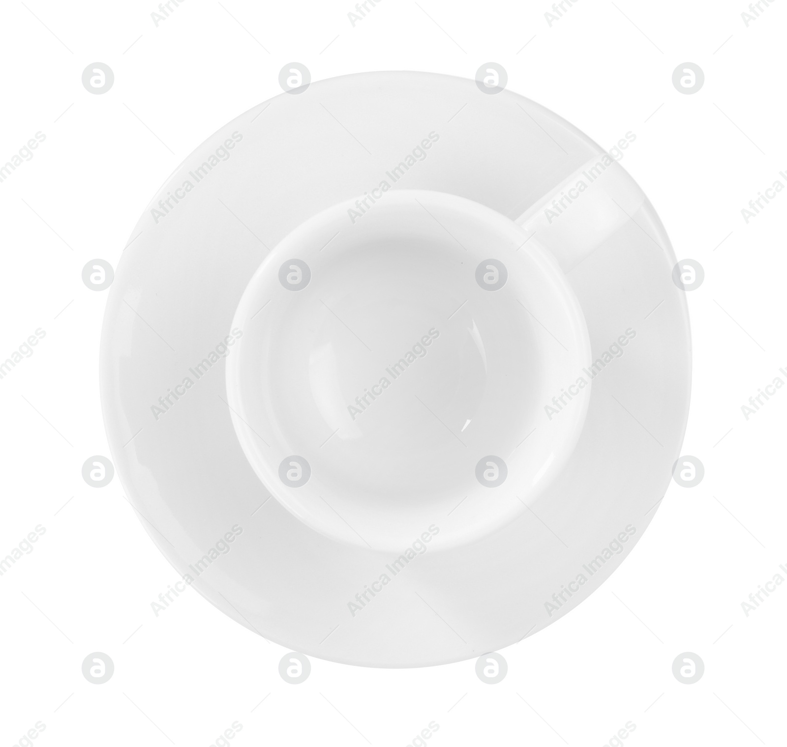 Photo of Ceramic cup with saucer isolated on white, top view