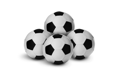 Image of Many new soccer balls on white background