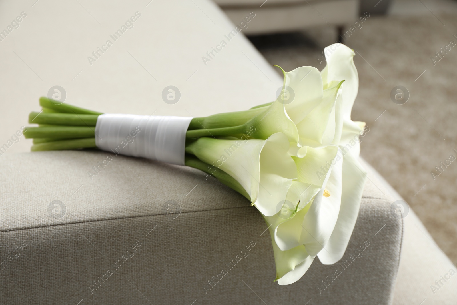 Photo of Beautiful calla lily flowers tied with ribbon on sofa indoors