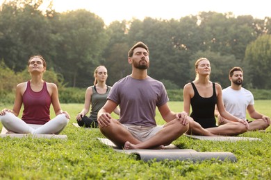 Group of people practicing yoga on mats outdoors. Lotus pose