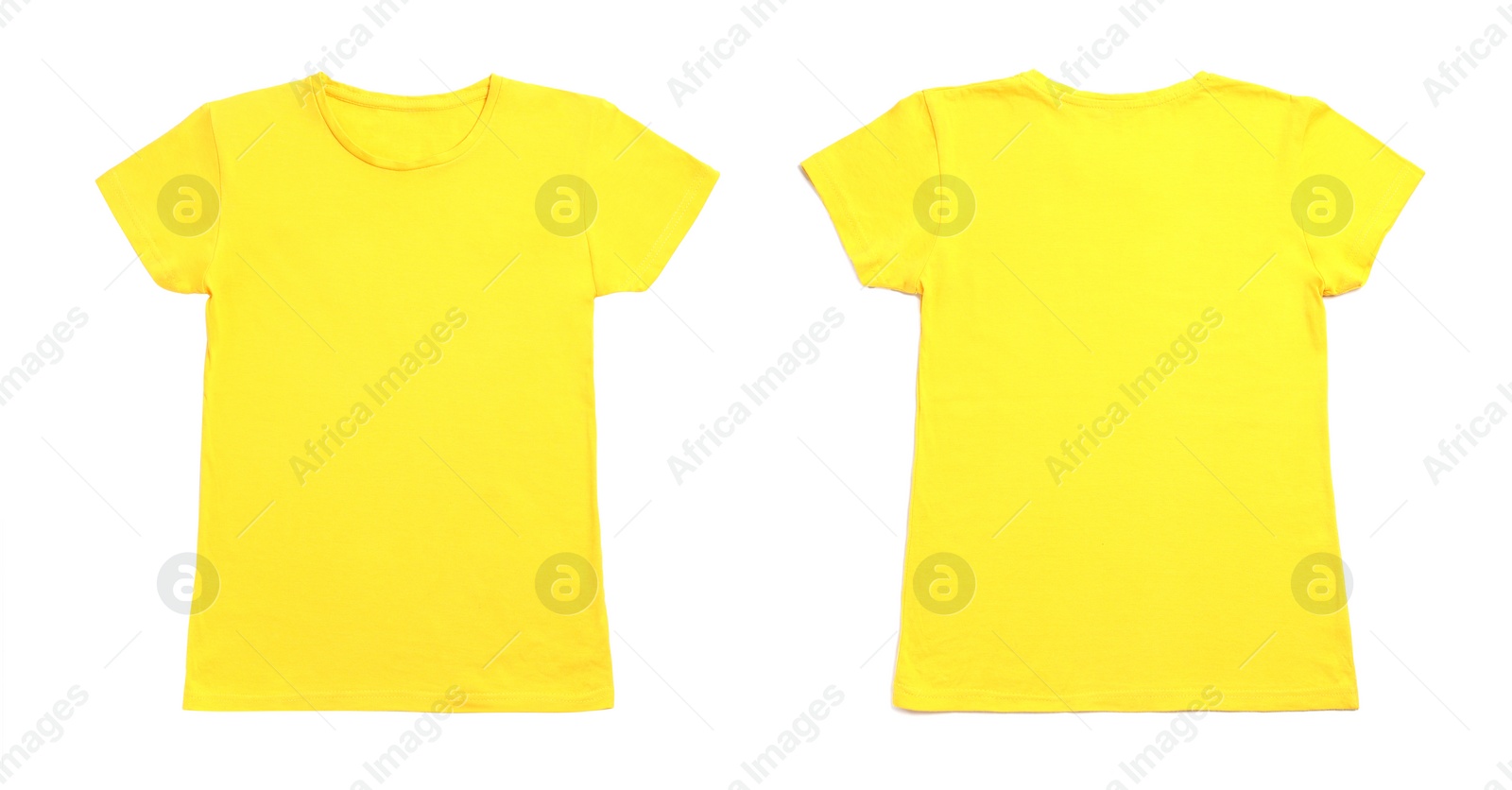 Image of Yellow t-shirt with space for design isolated on white. Back and front views