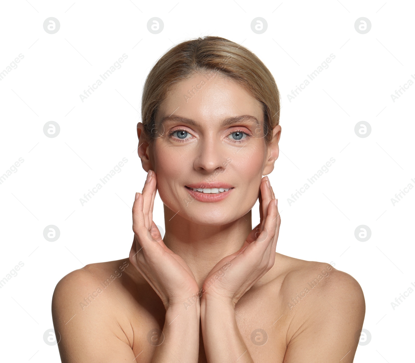 Photo of Beautiful woman with healthy skin on white background