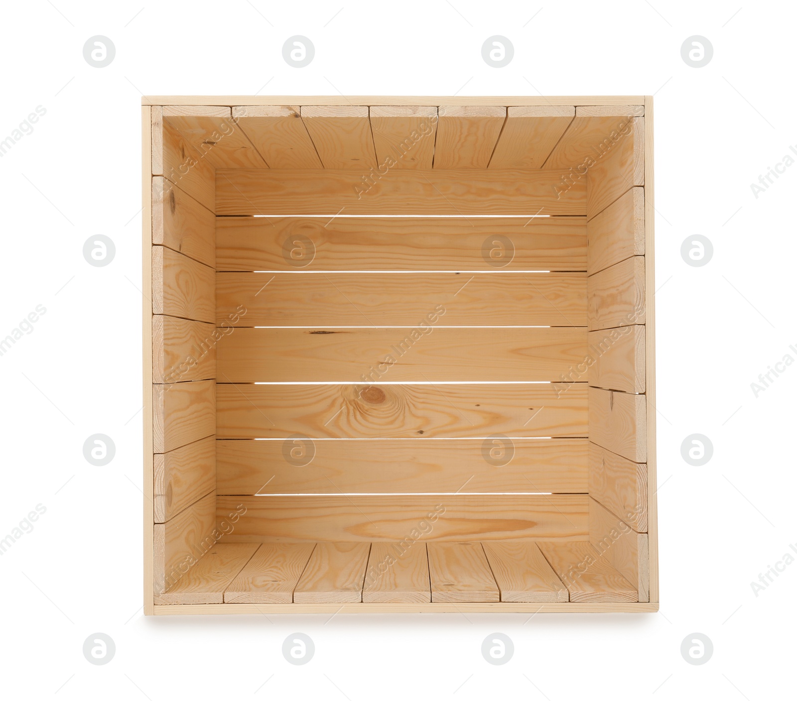 Photo of Open new wooden crate isolated on white