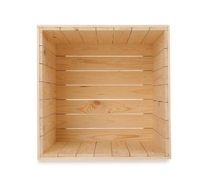 Open new wooden crate isolated on white