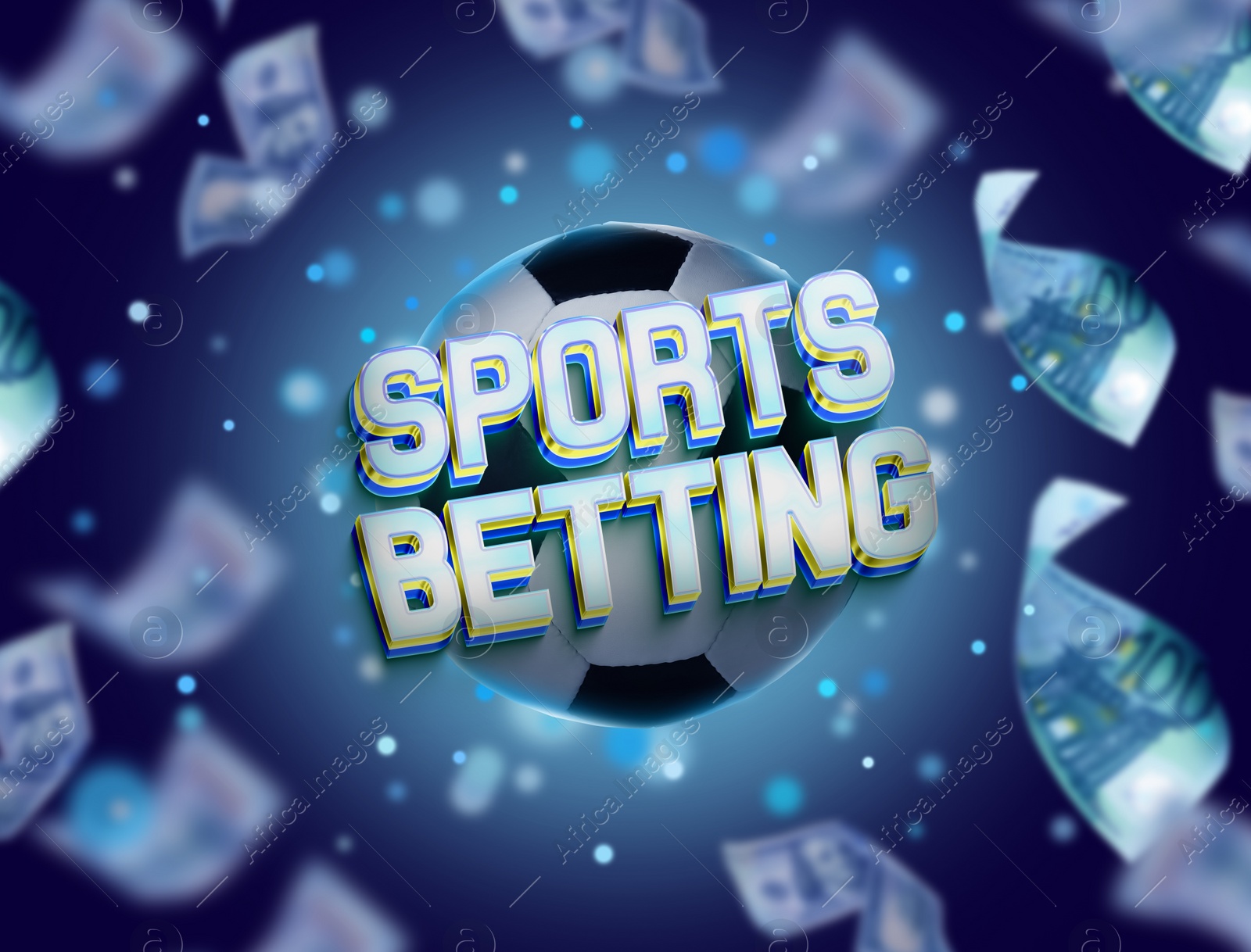 Image of Bookmaking. Words Sports Betting, soccer ball and flying around dollars on blue background