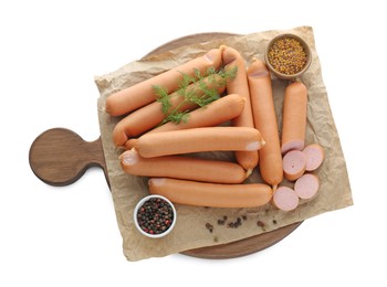 Photo of Tasty sausages, peppercorns and mustard on white background, top view. Meat product