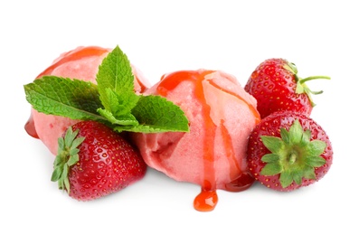 Photo of Scoops of delicious strawberry ice cream with mint, syrup and fresh berries on white background